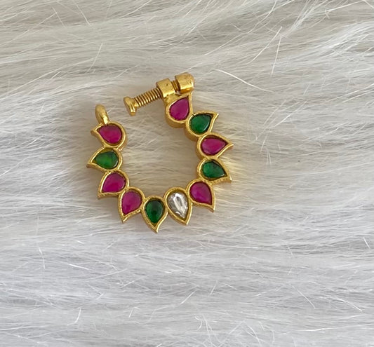 Gold tone kundan jadau kemp-green nose pin dj-53708