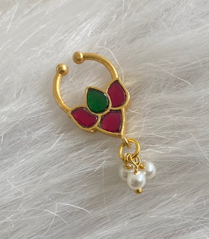 Gold tone kundan jadau pink-green stone lotus pearl nose pin/bulakku dj-53791