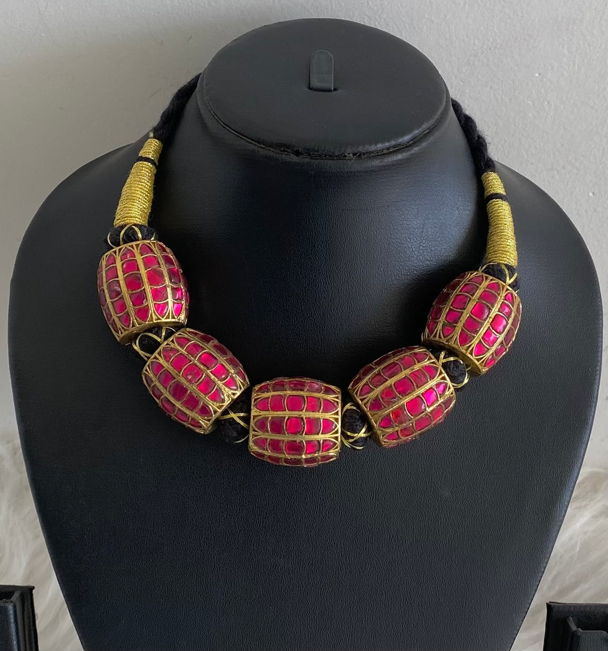 Antique gold tone big jadau beaded black thread necklace dj-54806