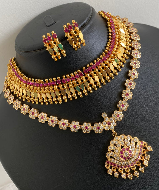 Gold tone pink-white stone combo necklace set dj-54355