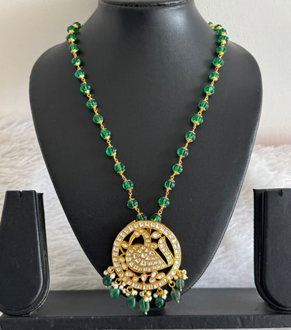 Gold tone white kundan jadau pumpkin green peacock beaded necklace dj-51535
