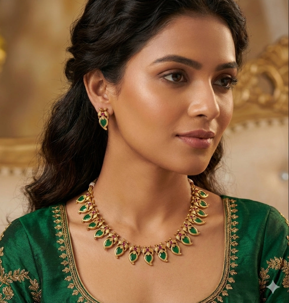 Matte finish ruby-green peacock mango necklace set dj-52411