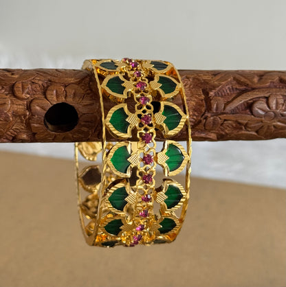 Gold tone Pink-green double row Palakka Bangle(2.6) Dj-51745