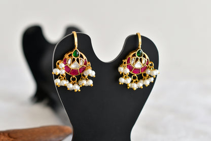 Gold tone pink-green kundan jadau bali bugadi earrings dj-52472