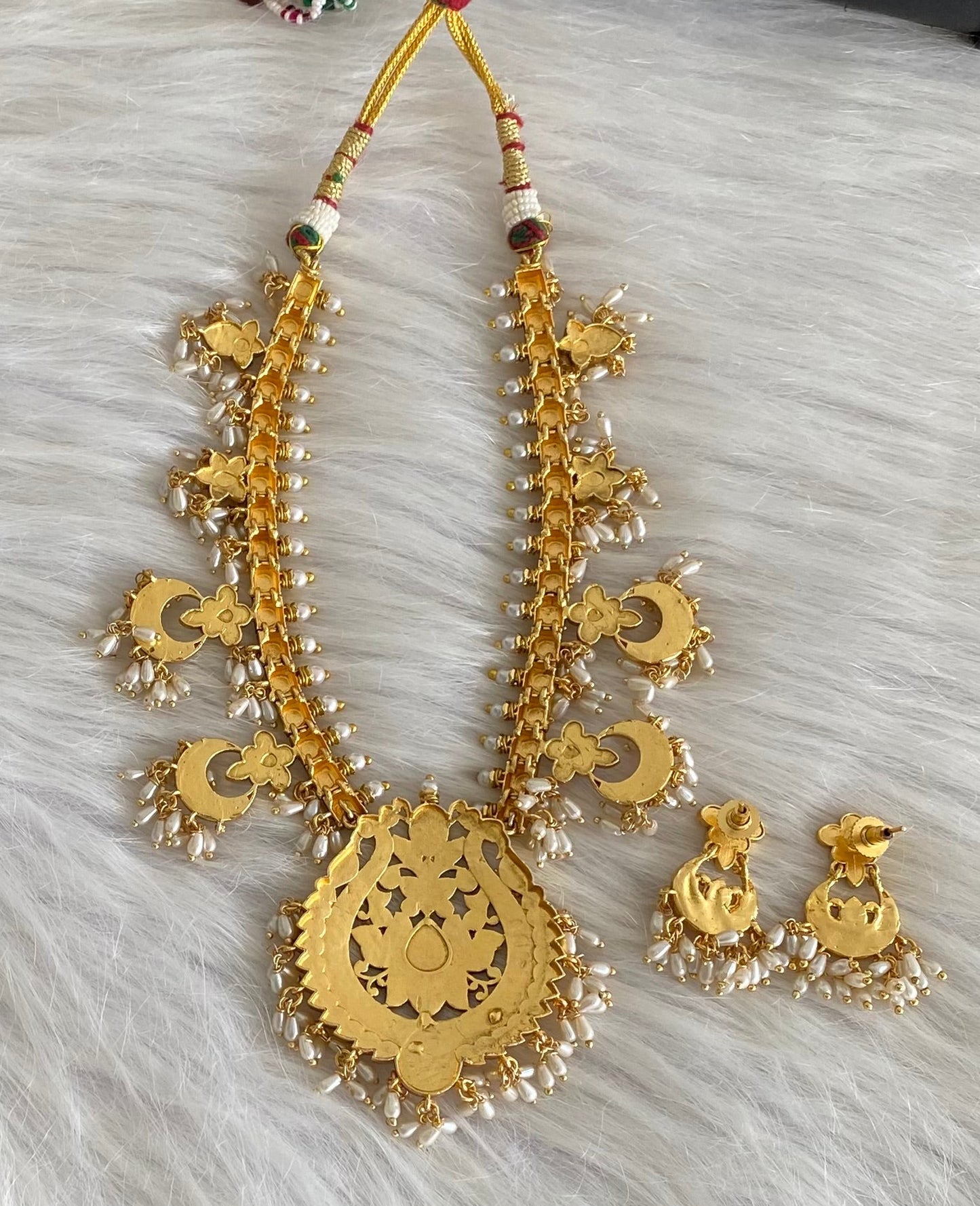 Antique gold tone peacock kundan jadau rice pearl necklace set dj-54153