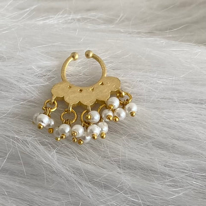 Gold tone kundan jadau pink-green stone pearl nose pin/bulakku dj-53789