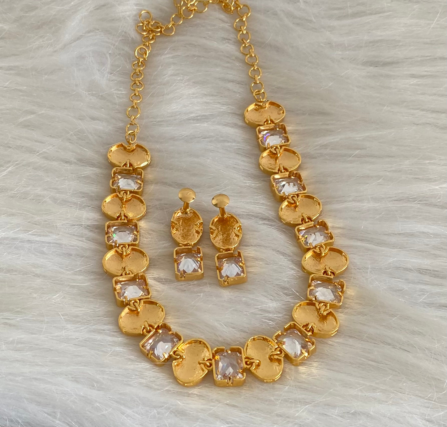 Gold tone white block stone necklace set dj-54663