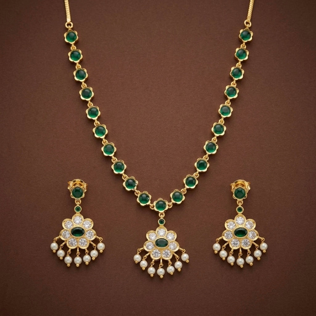 Gold tone green-white stone pearl necklace set dj-54235
