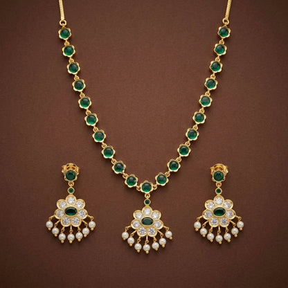 Gold tone green-white stone pearl necklace set dj-54235