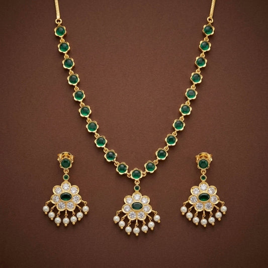 Gold tone green-white stone pearl necklace set dj-54235