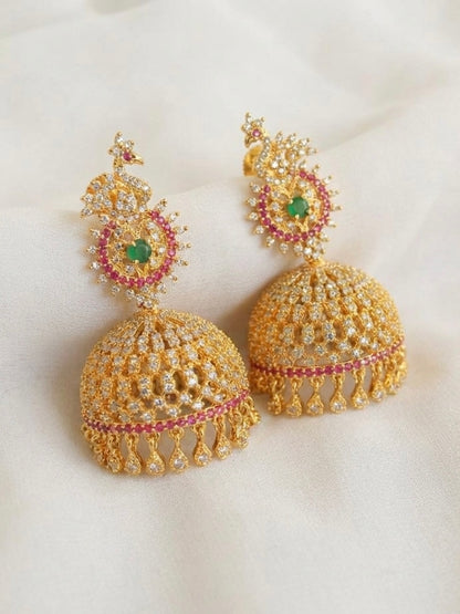 Gold tone Cz Ruby-emerald Peacock Big Jhumkka-dj17149