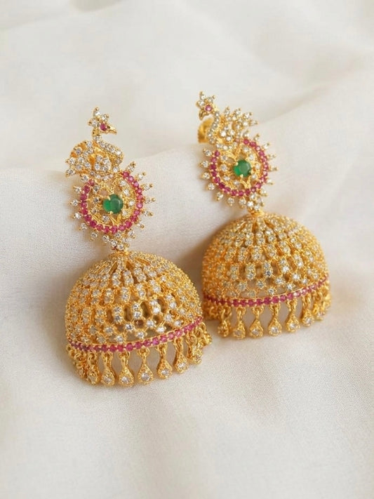 Gold tone Cz Ruby-emerald Peacock Big Jhumkka-dj17149