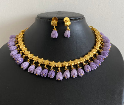 Antique gold tone purple tulip beaded necklace set dj-54038