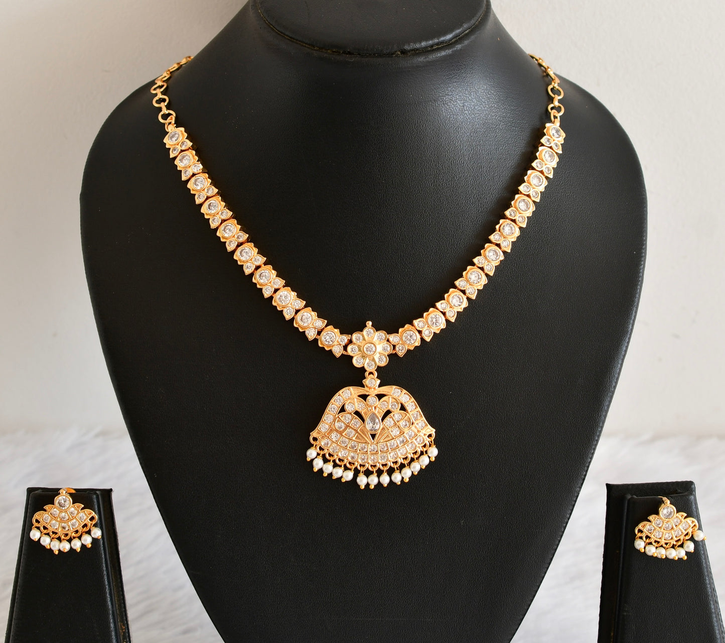 Gold tone AD white south Indian style necklace set dj-53301