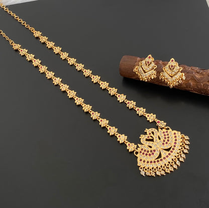 Gold tone south indian style AD pink-white swan short haar set Dj-54924