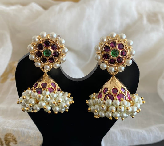 Gold tone precious kemp-green stone pearl jhumkka dj-53924