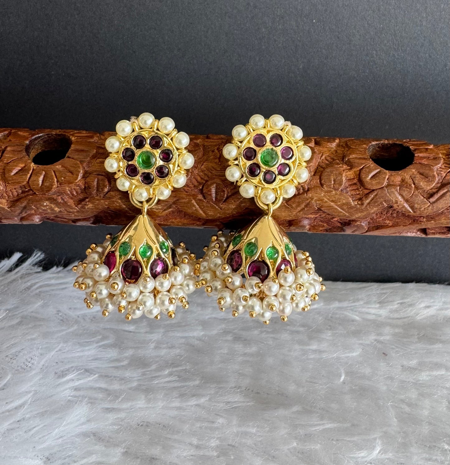 Gold tone precious kemp-green pearl jhumkka dj-51478