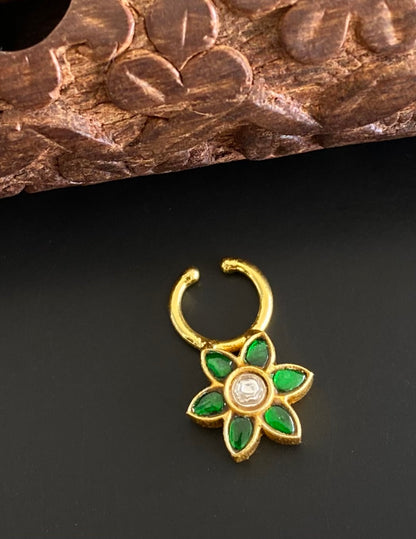 Gold tone kundan jadau green-white stone flower nose pin/bulakku dj-53775