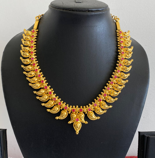 Gold tone kerala style pink stone mango necklace dj-46481