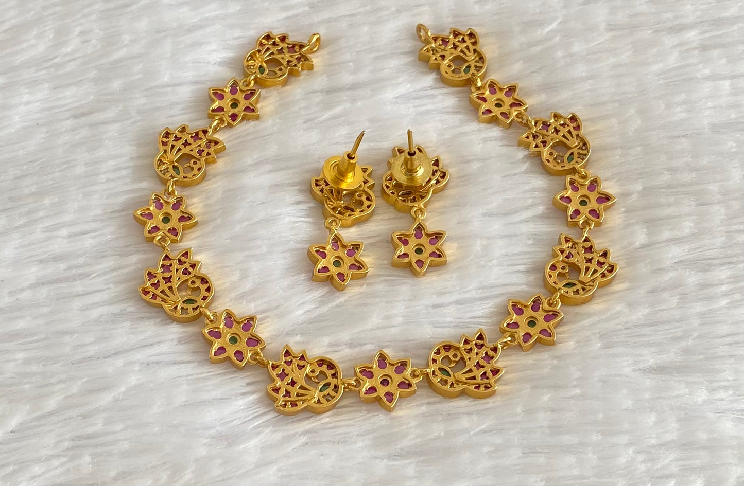 Gold tone pink-green-white stone peacock necklace set dj-54409