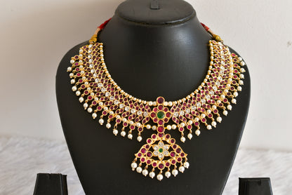 Gold tone precious kemp-green-white pearl big necklace dj-52260