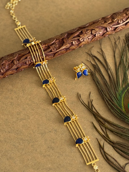 Gold tone kerala style blue-white mango choker necklace set dj-51726