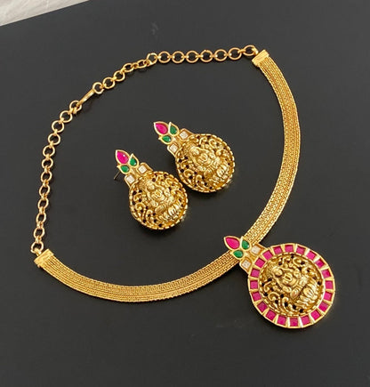 Antique gold tone pink-green-white jadau lakshmi pendant necklace set dj-54768