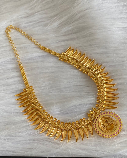 Gold tone kerala style pink stone mulla mottu lakshmi necklace dj-54134