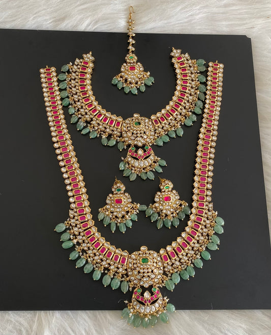 Antique gold tone kundan jadau green beaded bridal set dj-54600