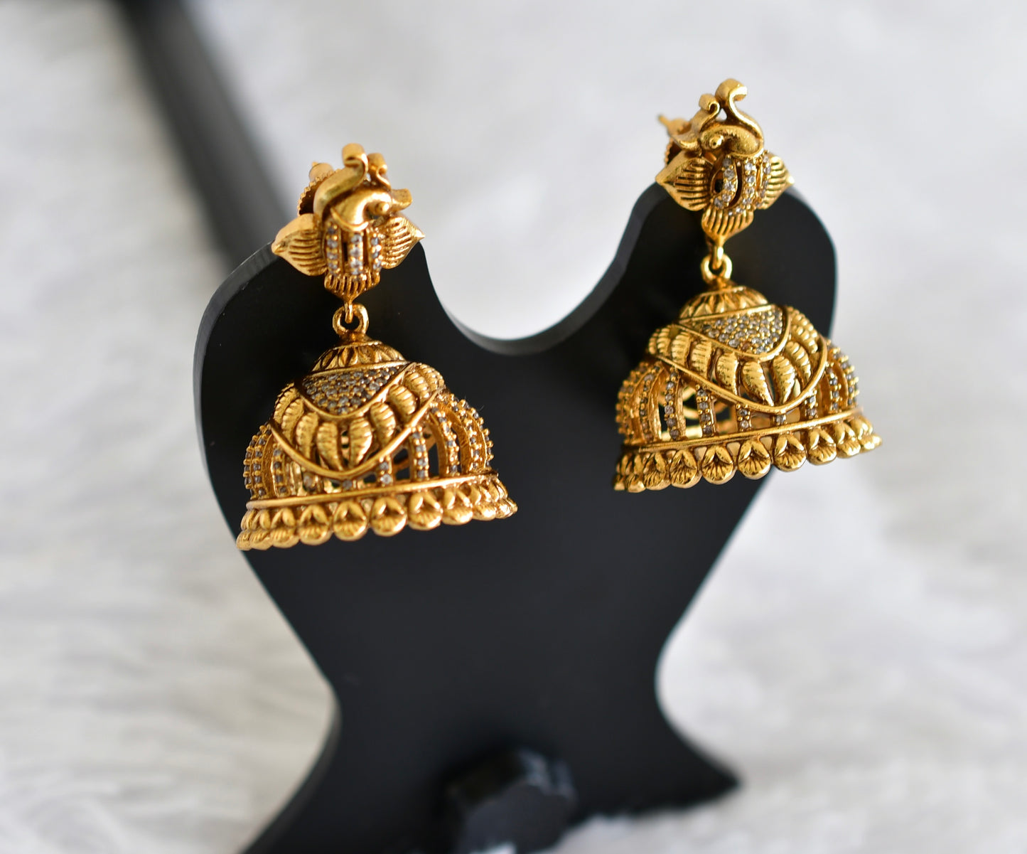 Antique gold tone cz white peacock jhumkka dj-52163