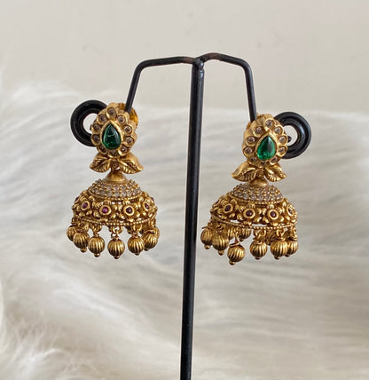 Antique gold tone kemp-green-white stone jhumkka dj-54638