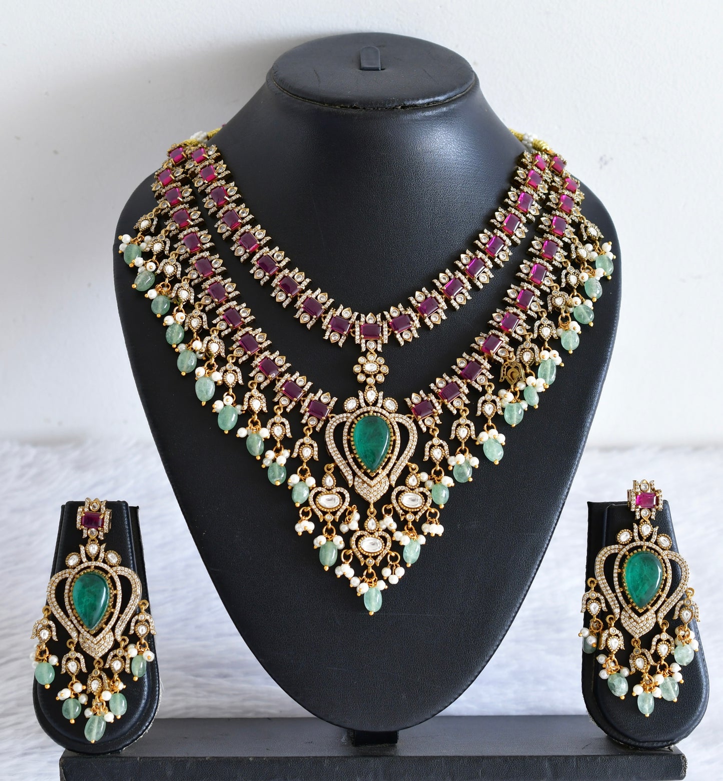 Antique gold tone cz pink- green double layer necklace set dj-53020