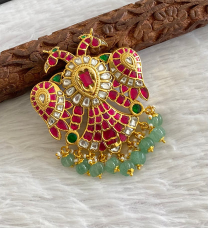 Gold tone pink-green-white kundan jadau Gandaberunda reversible pendant dj-53551