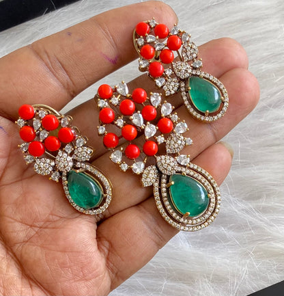 Antique gold tone coral-green-white pendant set dj-53979