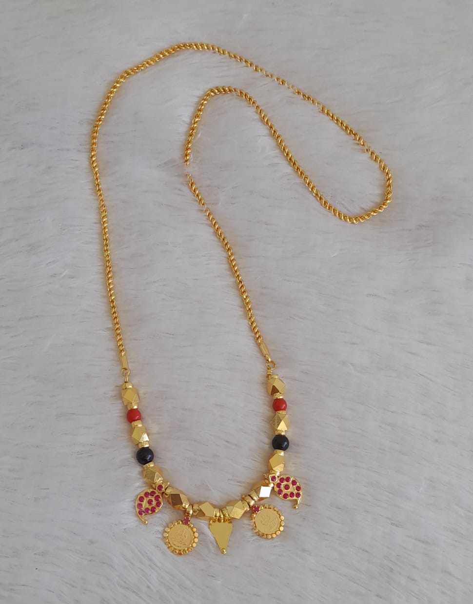 Gold tone 24 inches rope chain with coral-black bead pink stone mango lakshmi coin elakka thali mangalyam dj-50466
