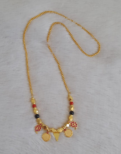 Gold tone 24 inches rope chain with coral-black bead pink stone mango lakshmi coin elakka thali mangalyam dj-50466