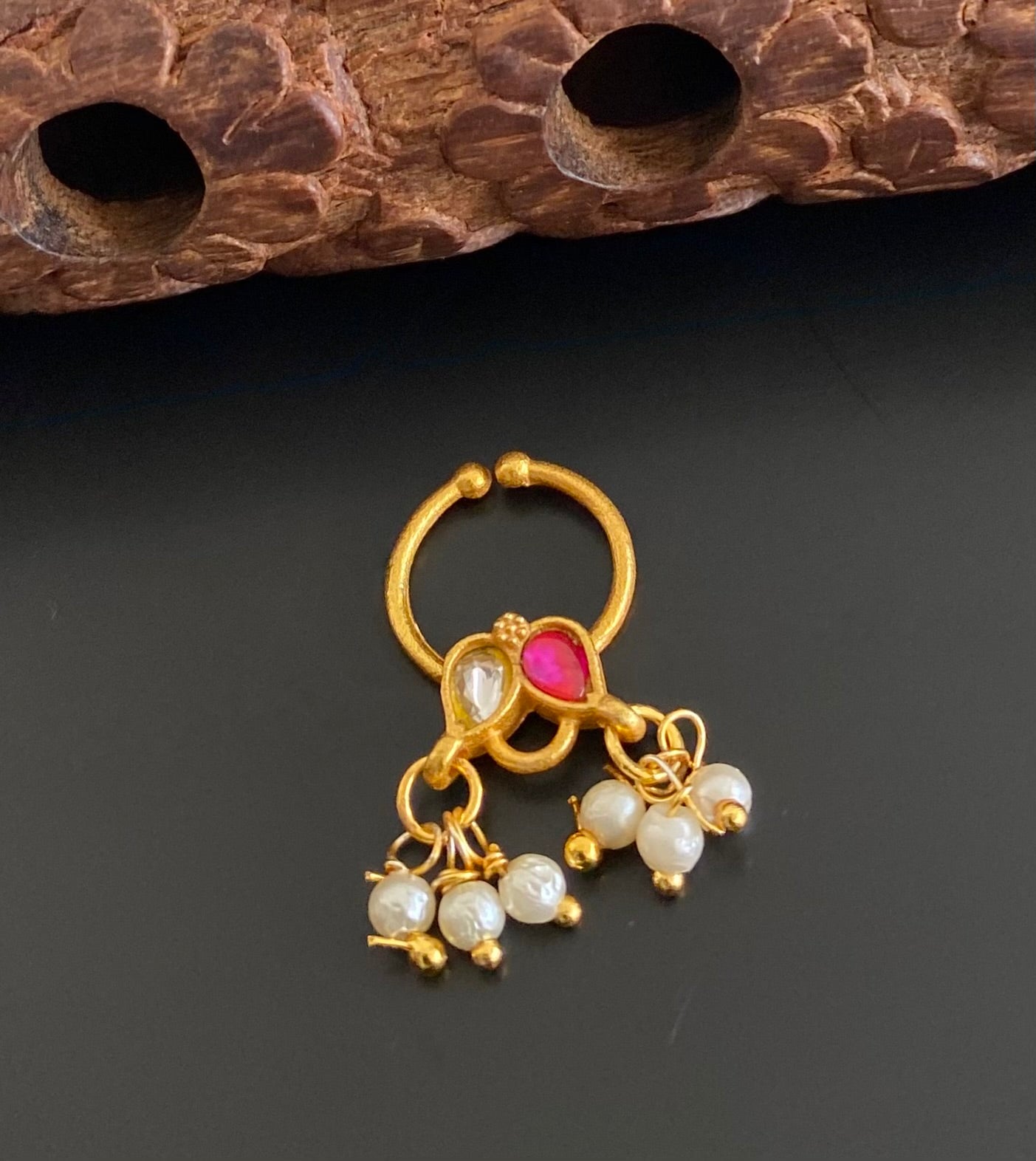 Gold tone kundan jadau pink-white stone pearl nose pin/bulakku dj-53807