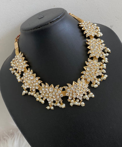 Gold tone AD white stone pearl lotus necklace dj-54674