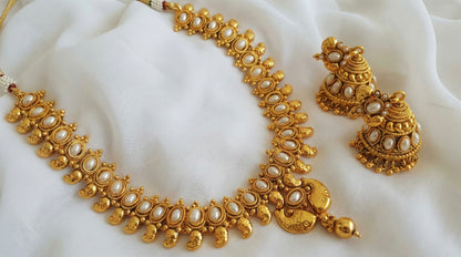 Antique gold tone pearl fish necklace set - DJ16782