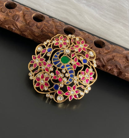 Gold tone navaratna kundan jadau peacock flower pendant dj-53846