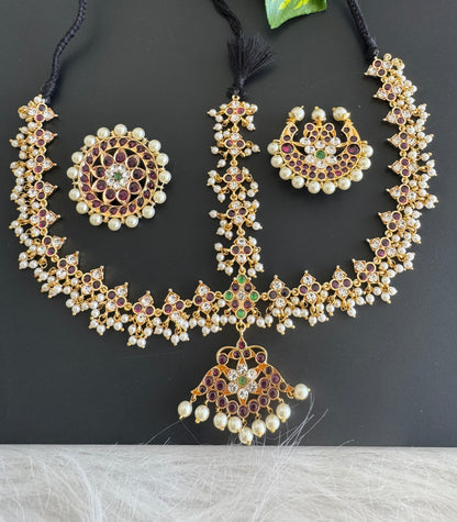 Gold tone precious kemp-green-white pearl cluster with sun and moon head set dj-50790