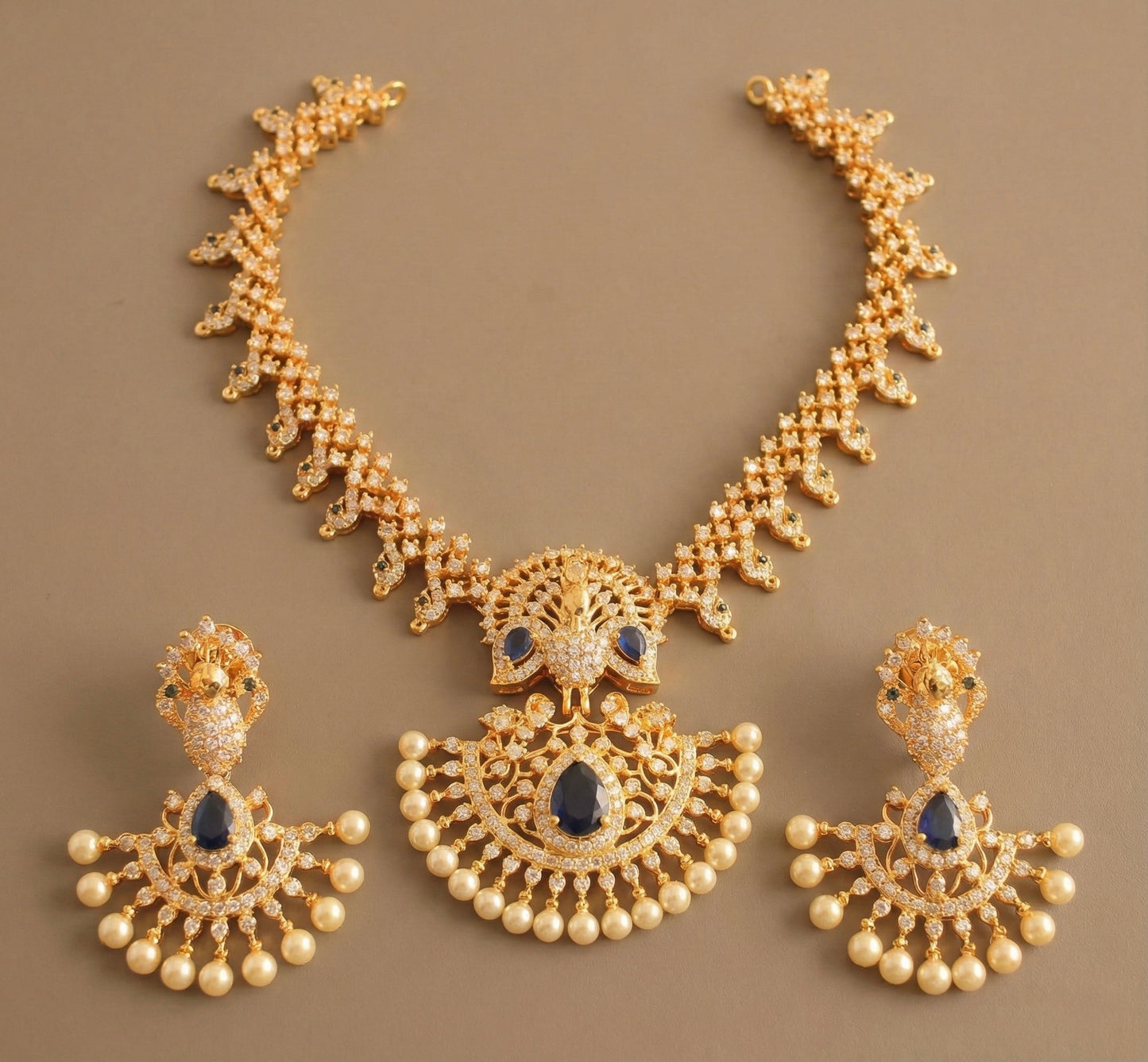 Gold Tone cz-blue peacock necklace set-dj07477
