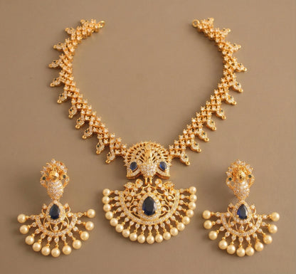 Gold Tone cz-blue peacock necklace set-dj07477