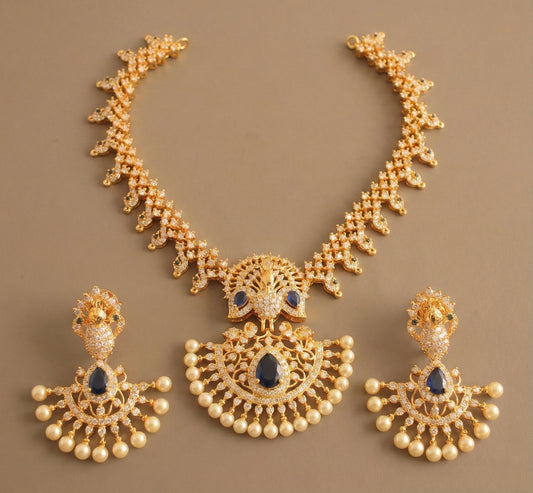 Gold Tone cz-blue peacock necklace set-dj07477