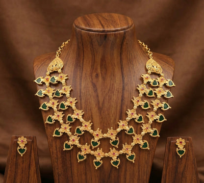 Gold tone pink stone Green palakka flower Kerala style double layer necklace set dj-41927