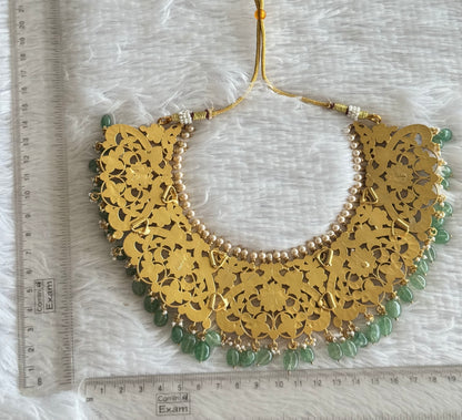Gold tone pink-green-white kundan jadau peacock bold bridal necklace dj-51551
