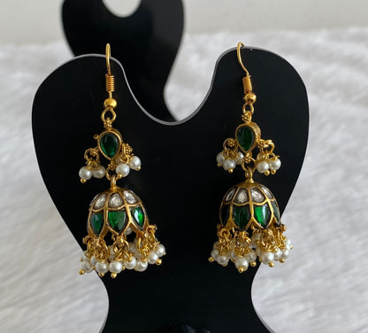Gold tone green-white stone pearl kundan jadau hook jhumkka dj-53587
