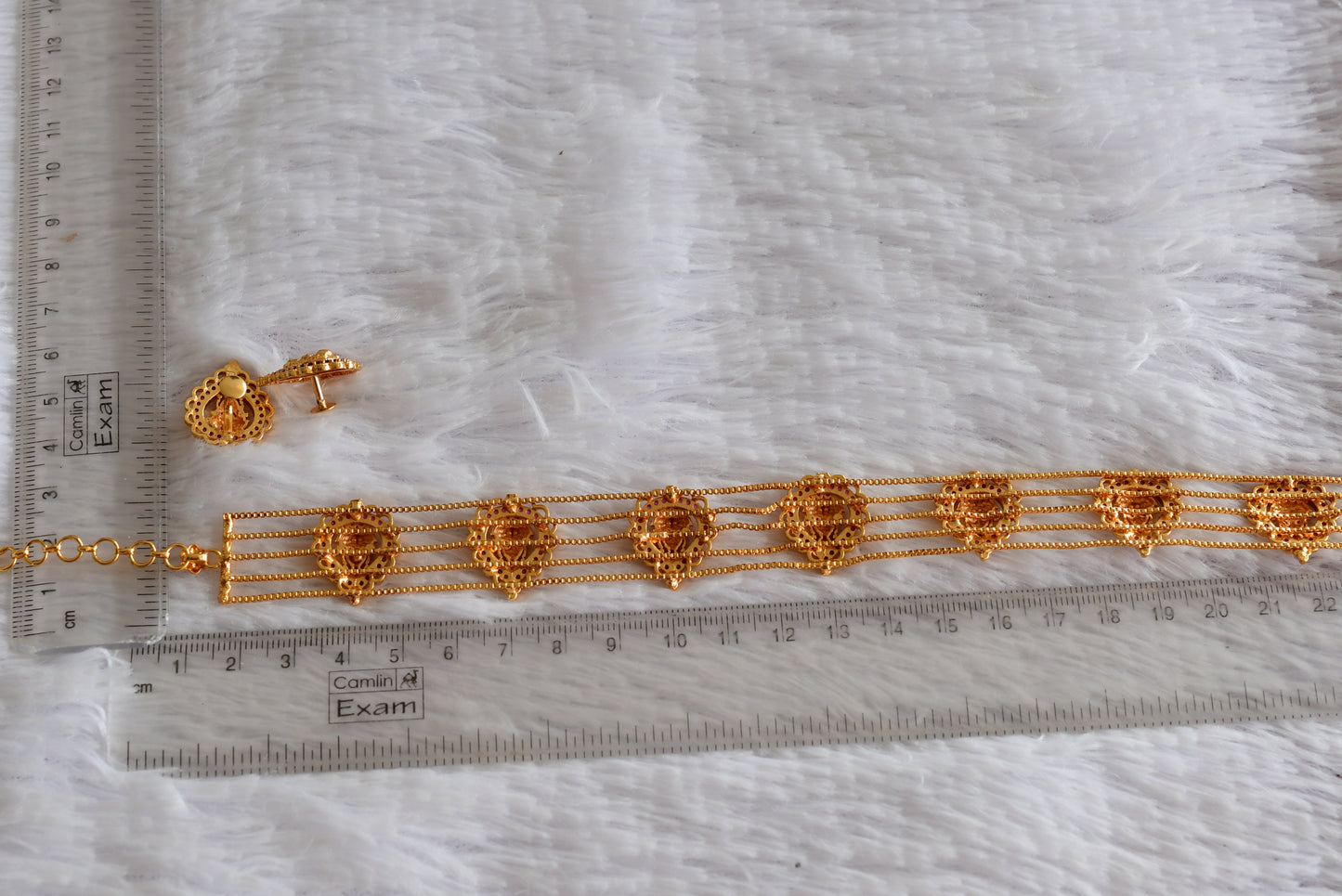 Gold tone AD pink lakshmi choker necklace set dj-51847