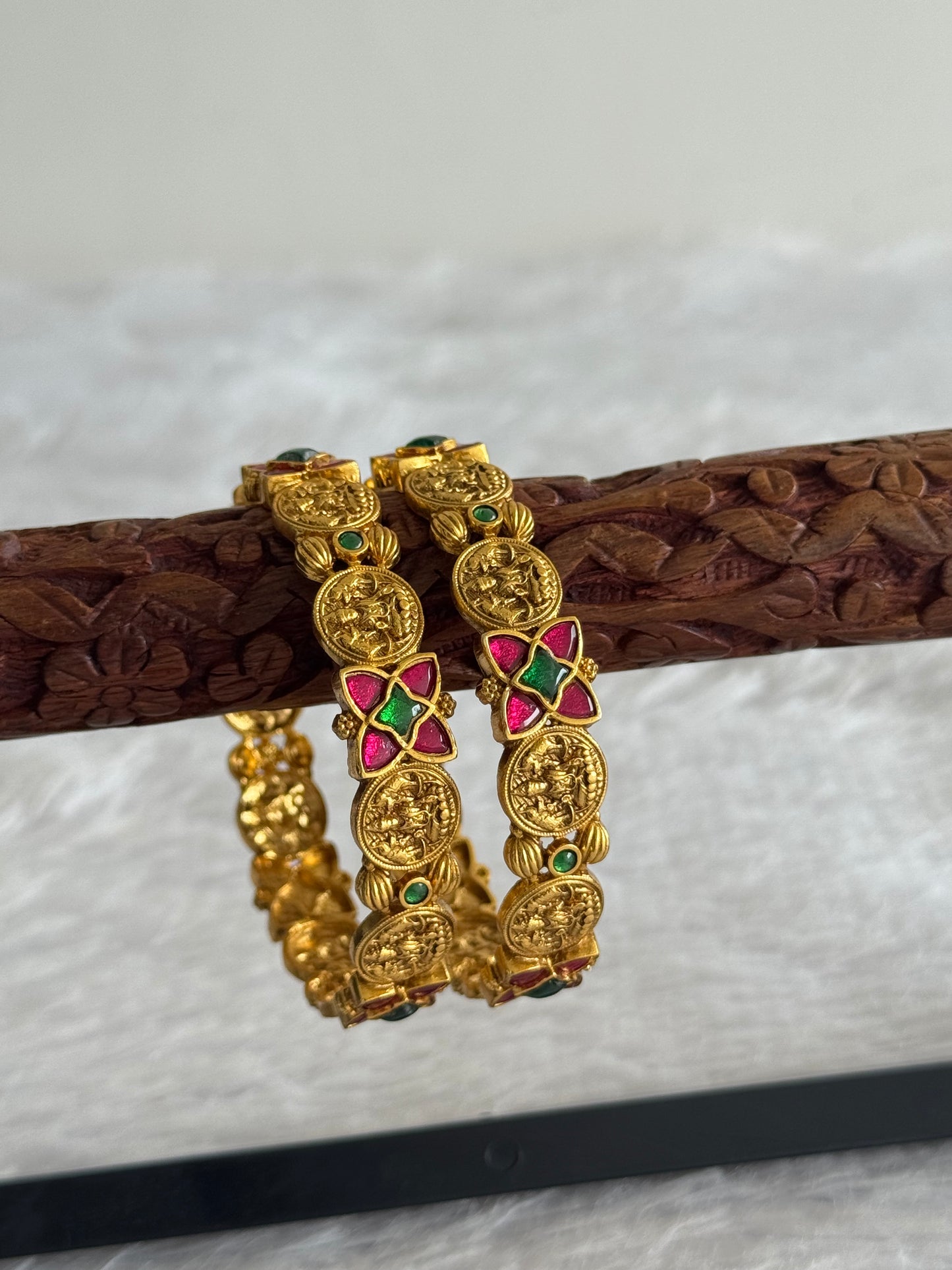Matte finish pink-green lakshmi kundan jadau bangles(2.6) dj-51562