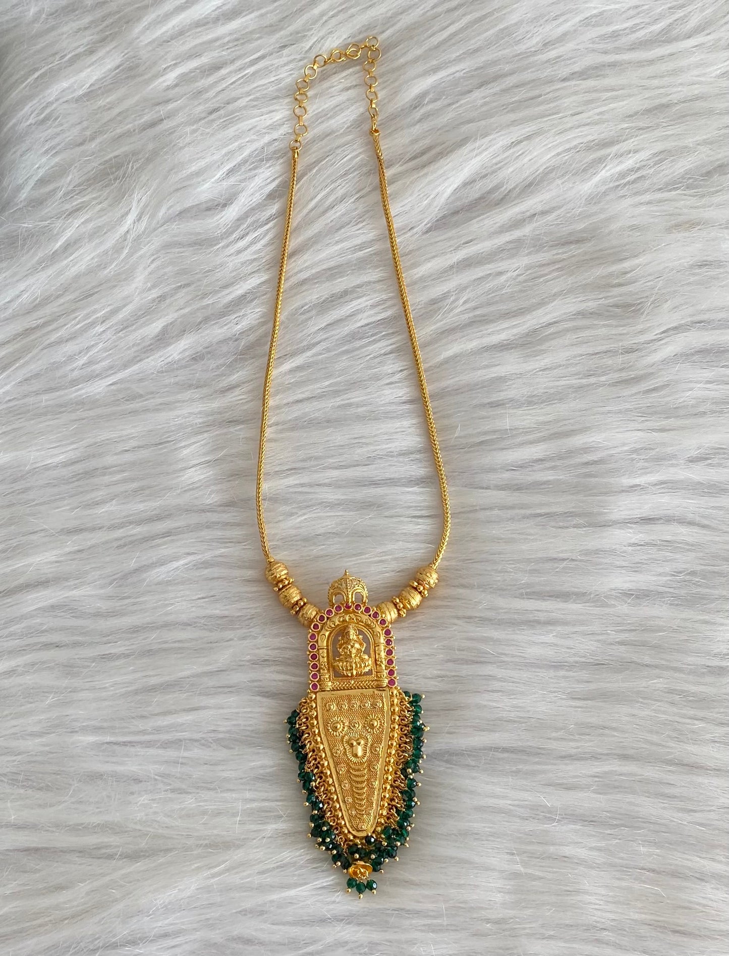 Gold tone kerala style pink stone green beaded nettipattam lakshmi necklace dj-54129